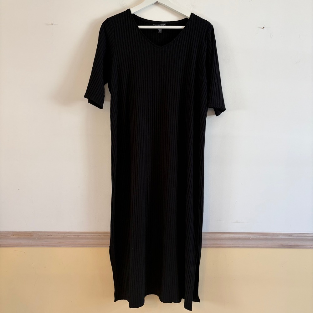 Eileen Fisher Black Ribbed Knit Midi Dress Women Sm‎ Petite V-Neck Short Sleeve